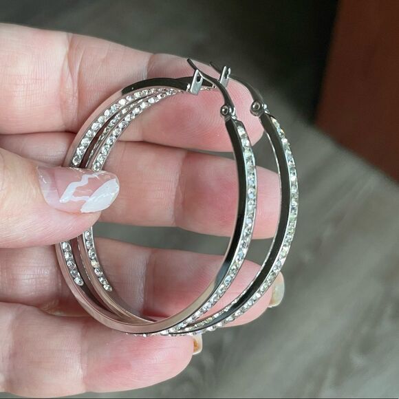 NEW Silver Crystal Large Hoop Earrings - Picture 6 of 10